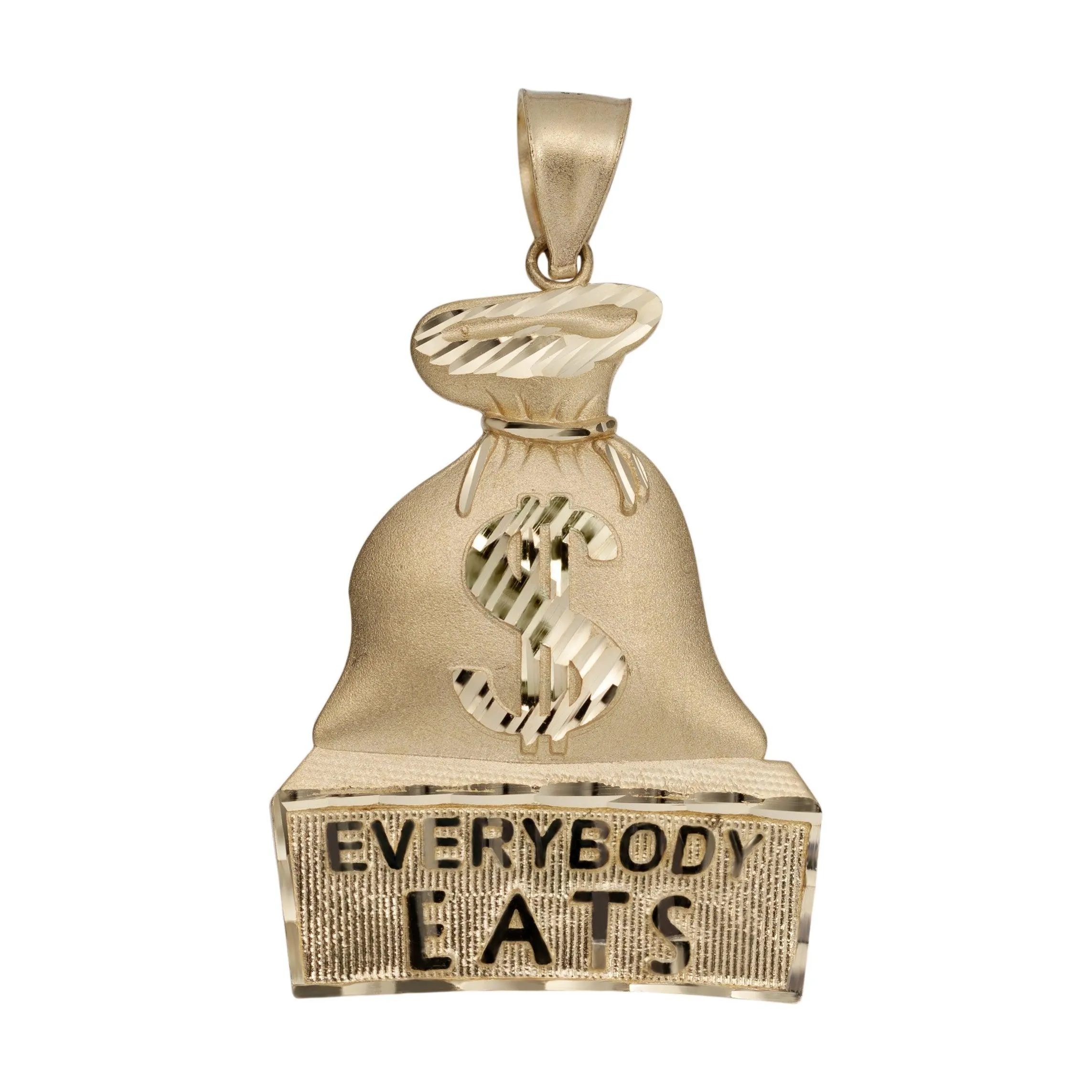 1 3/4" Diamond-Cut Everybody Eats Money Bag Pendant 10K Yellow Gold