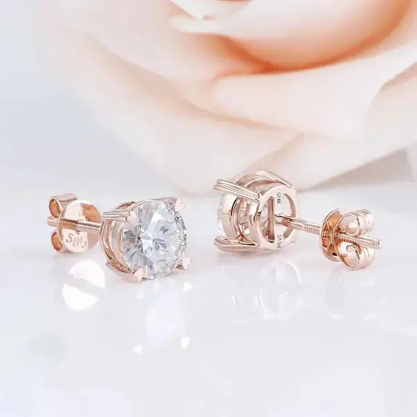 14k Rose Gold Stud Moissanite Earrings 2ctw