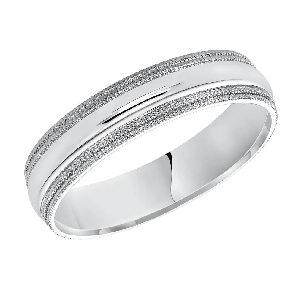 14k White Gold Wedding Band Domed High Polished Finish Double Milgrain Detail Flat Edges - 4mm- 10mm