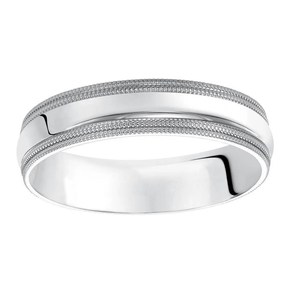 14k White Gold Wedding Band Domed High Polished Finish Double Milgrain Detail Flat Edges - 4mm- 10mm