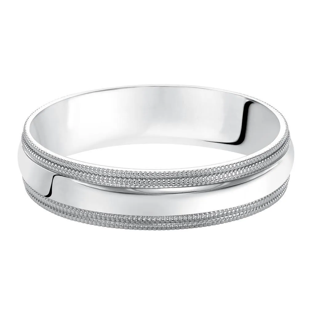 14k White Gold Wedding Band Domed High Polished Finish Double Milgrain Detail Flat Edges - 4mm- 10mm