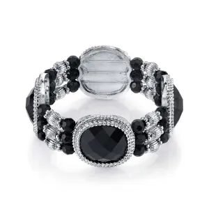 2028 Jewelry Jet Black Faceted Stones & Beaded Stretch Bracelet