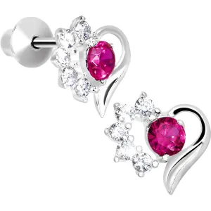 .925 Sterling Silver Pink CZ Flower Heart Youth Screwback Earrings