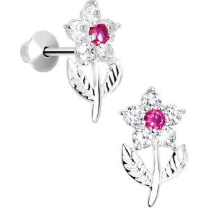 .925 Sterling Silver Pink CZ Whole Flower Youth Screwback Earrings