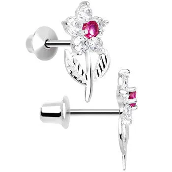 .925 Sterling Silver Pink CZ Whole Flower Youth Screwback Earrings