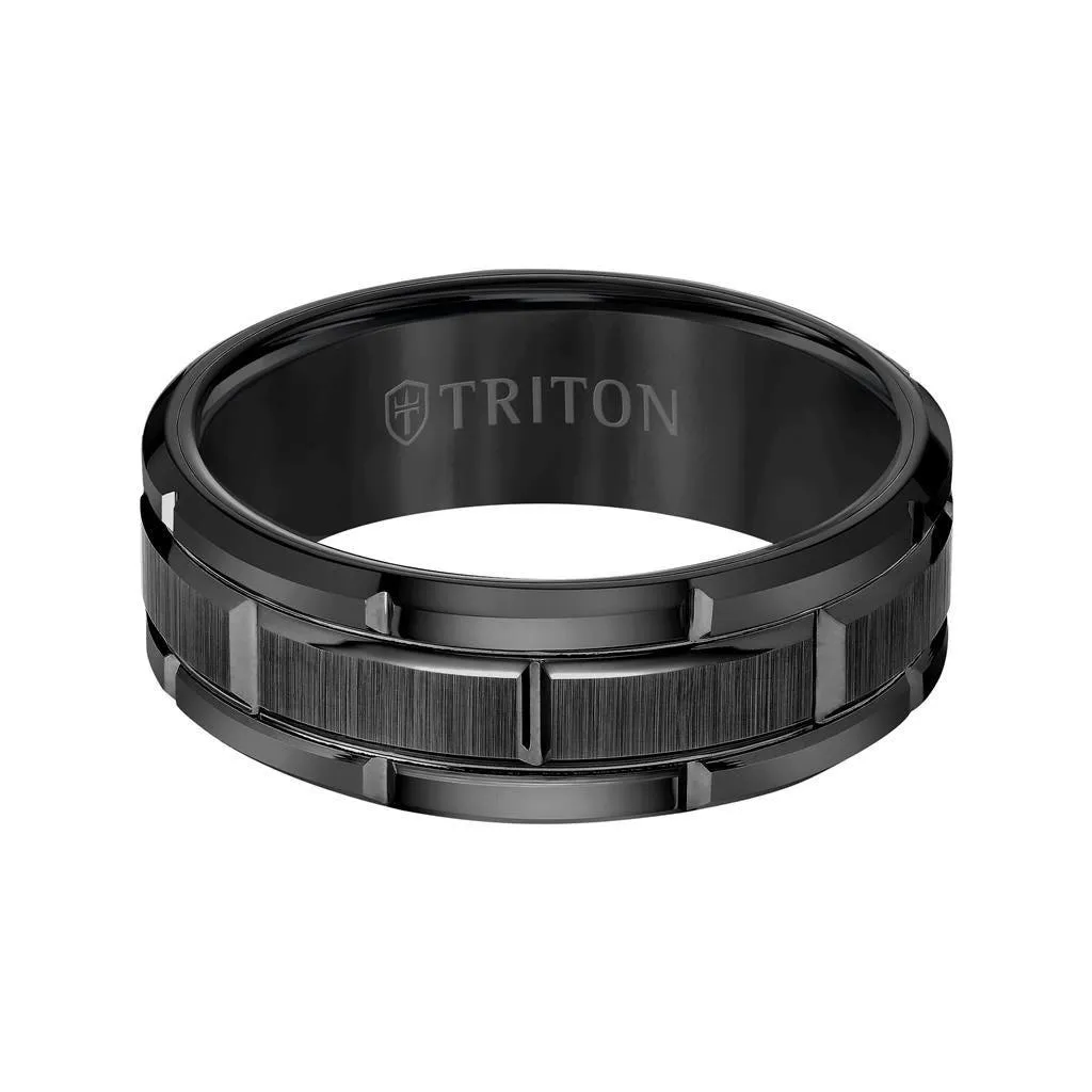 ALTON Black Tungsten Ring With Brushed Grooved Center and Grooved Polished Edges by Triton Rings - 8mm