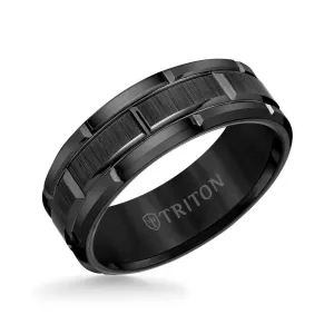 ALTON Black Tungsten Ring With Brushed Grooved Center and Grooved Polished Edges by Triton Rings - 8mm