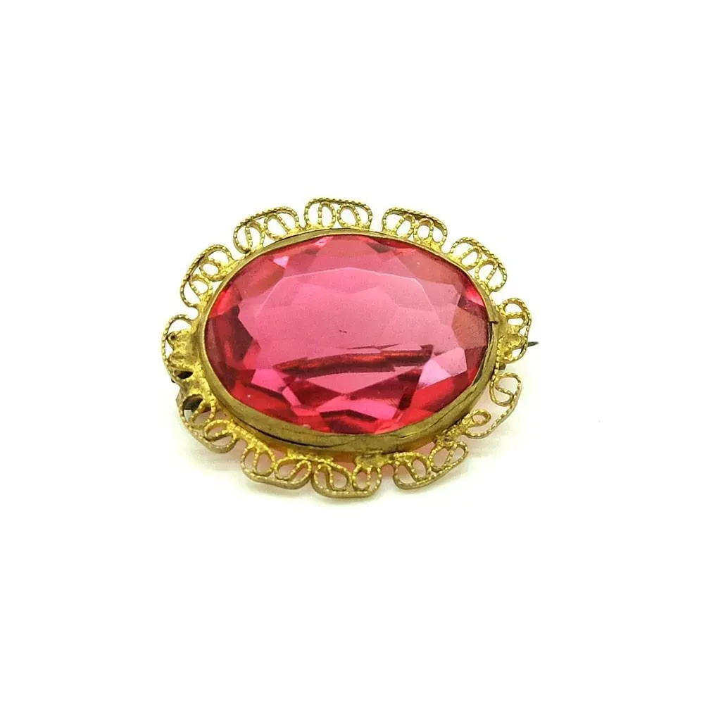 Antique Edwardian Pink Glass Filigree Brooch