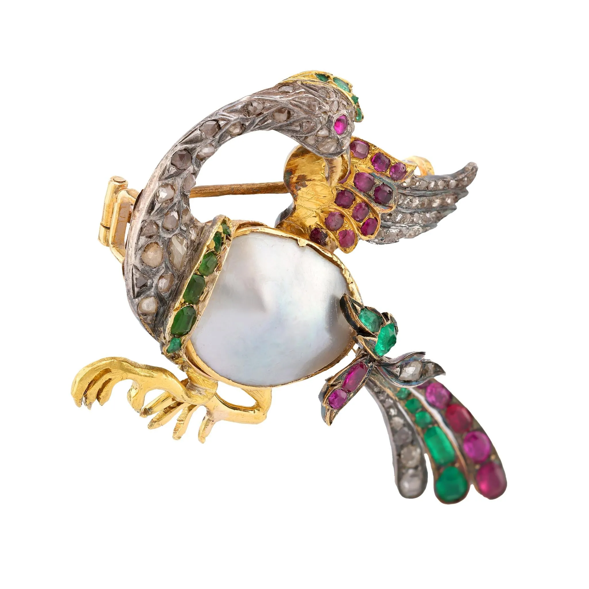 Antique Pearl Emerald Ruby Peridot Diamond Gold and Silver Bird Brooch