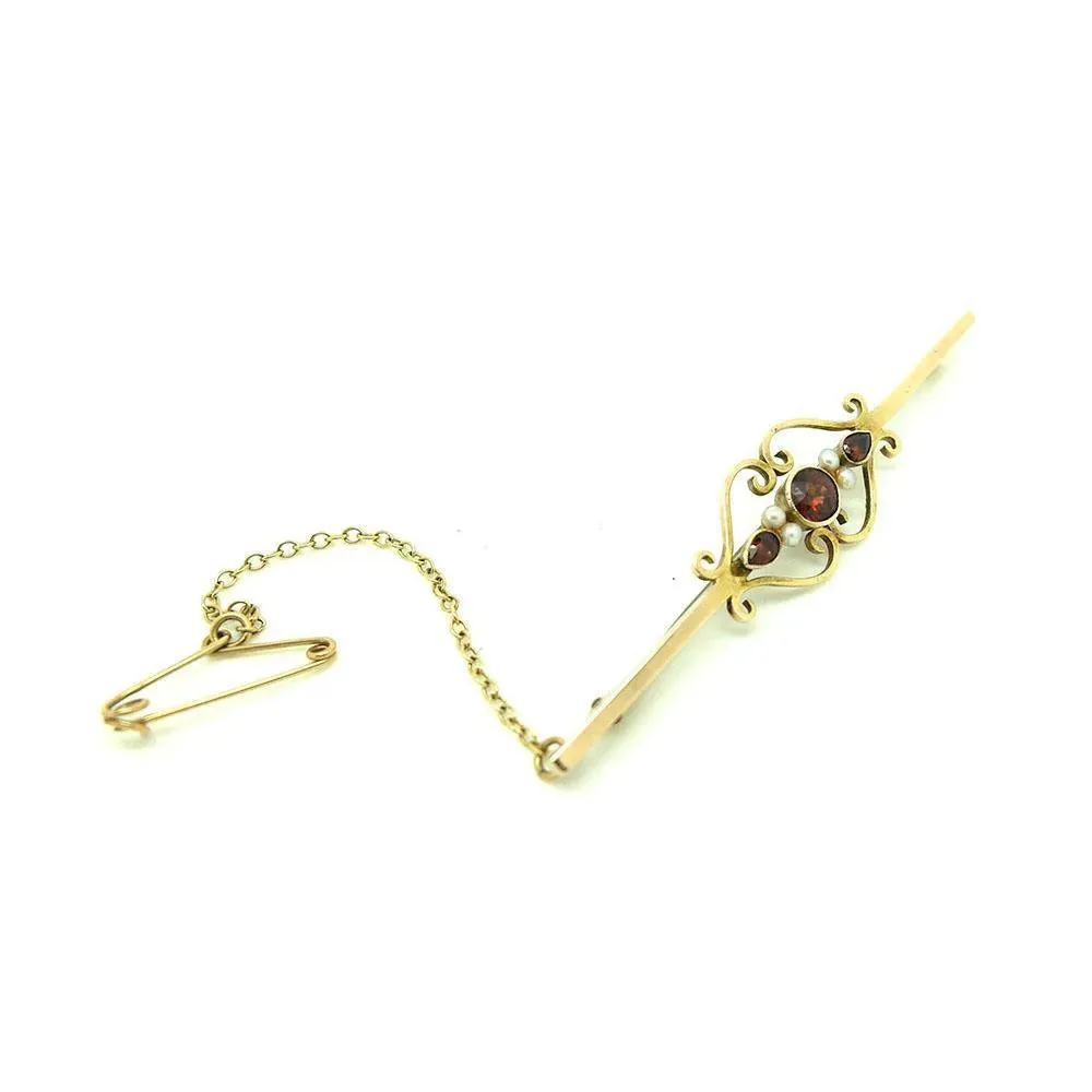 Antique Victorian Garnet 9ct Gold Bar Gemstone Brooch