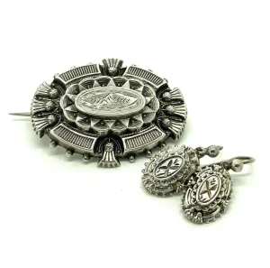 Antique Victorian Silver Thistle Locket Brooch and Earring Set