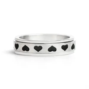 Black Hearts Spinner Center Polished Stainless Steel Ring / SRJ2246