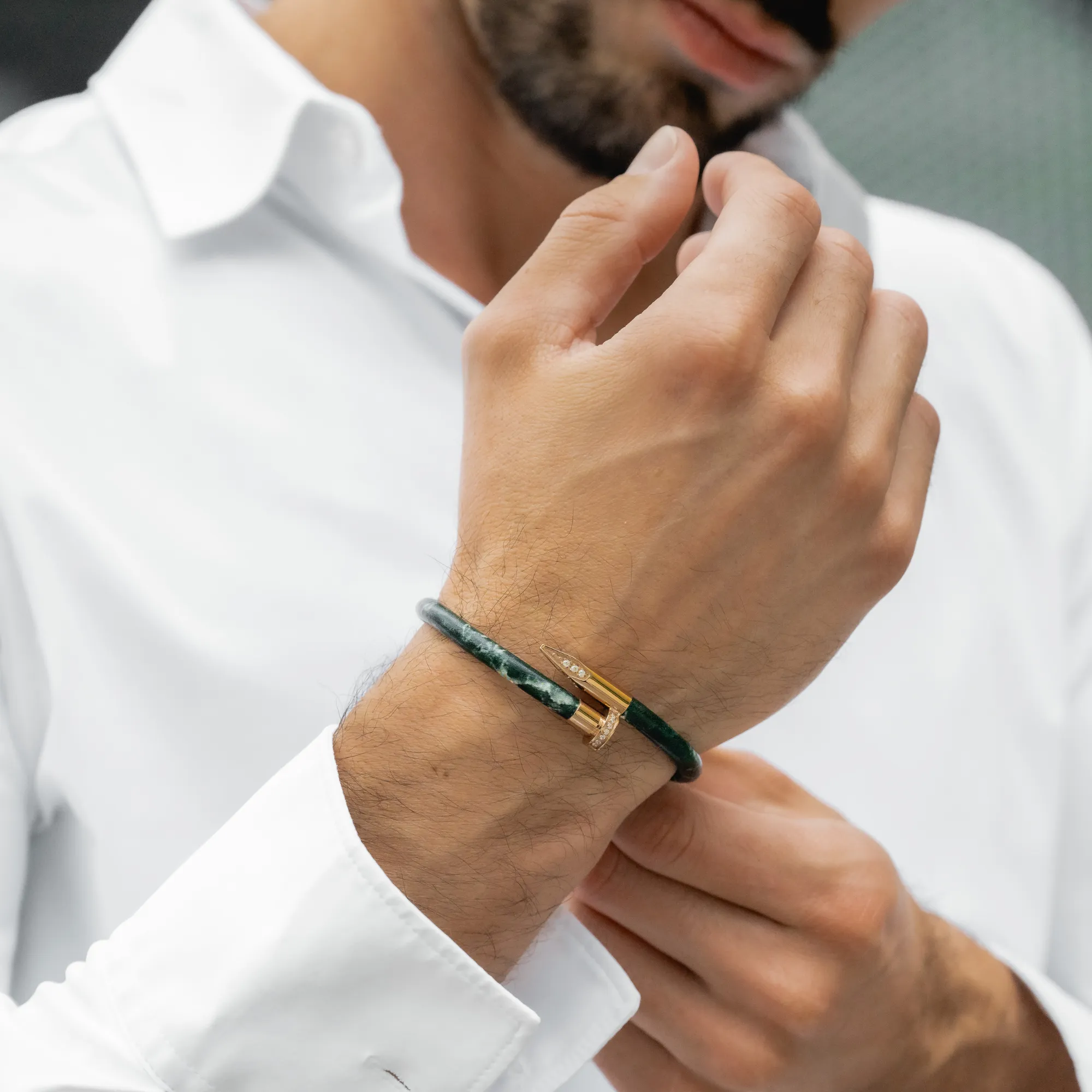 Bracelet Rose Gold Nail with Zircon - Green Leather