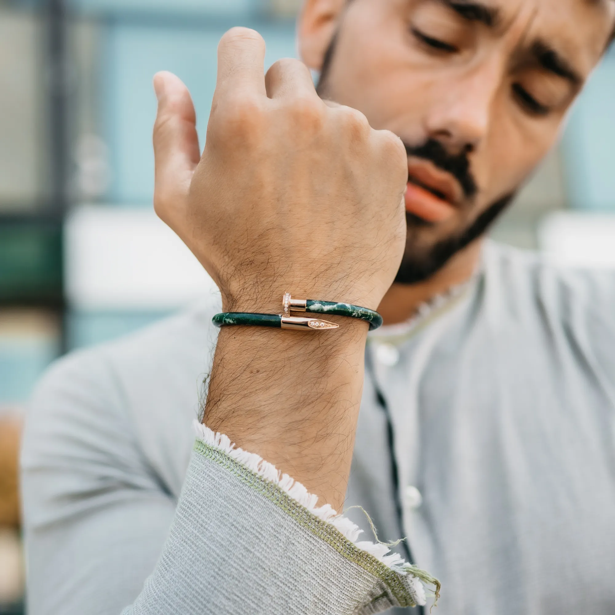 Bracelet Rose Gold Nail with Zircon - Green Leather