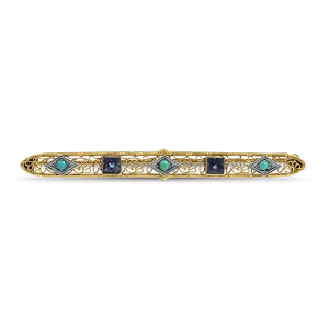 Estate 14k Yellow Gold Turquoise and Synthetic Sapphire Brooch