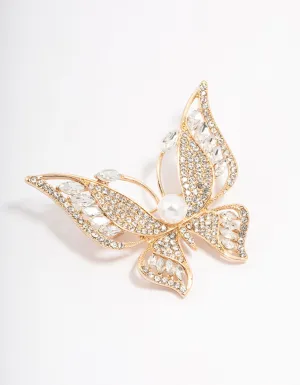 Gold Butterfly Pearl Detailed Brooch