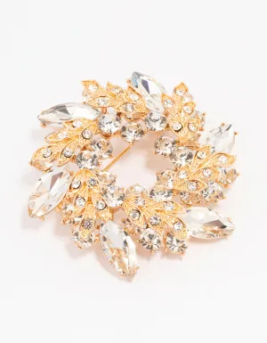 Gold Diamante Leaf Round Brooch