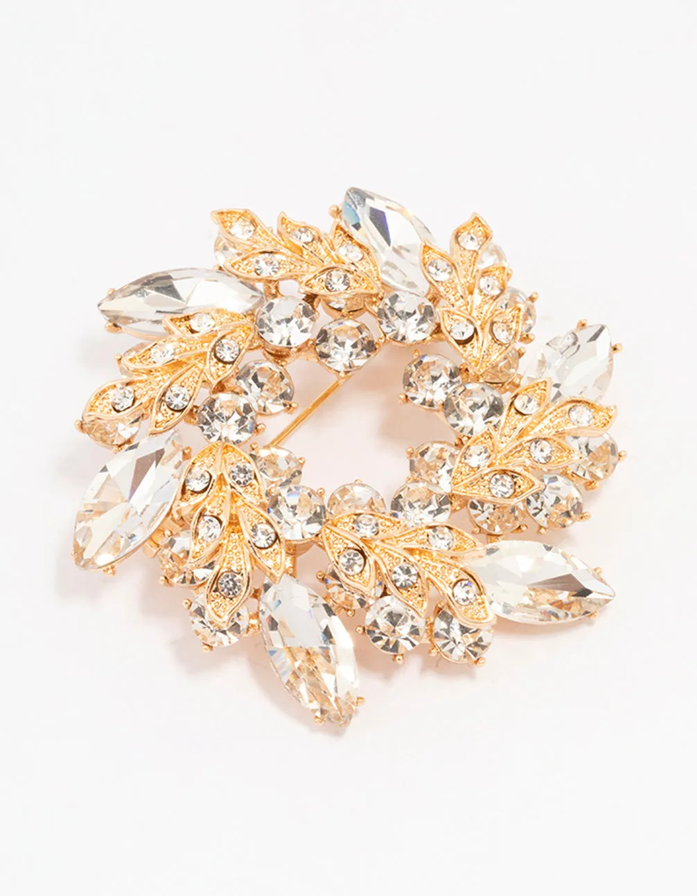 Gold Diamante Leaf Round Brooch