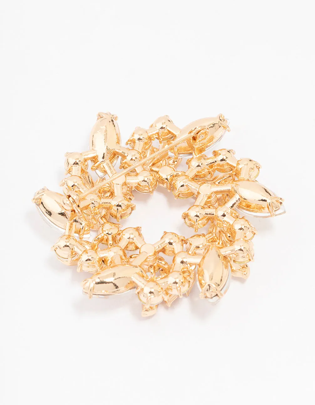 Gold Diamante Leaf Round Brooch