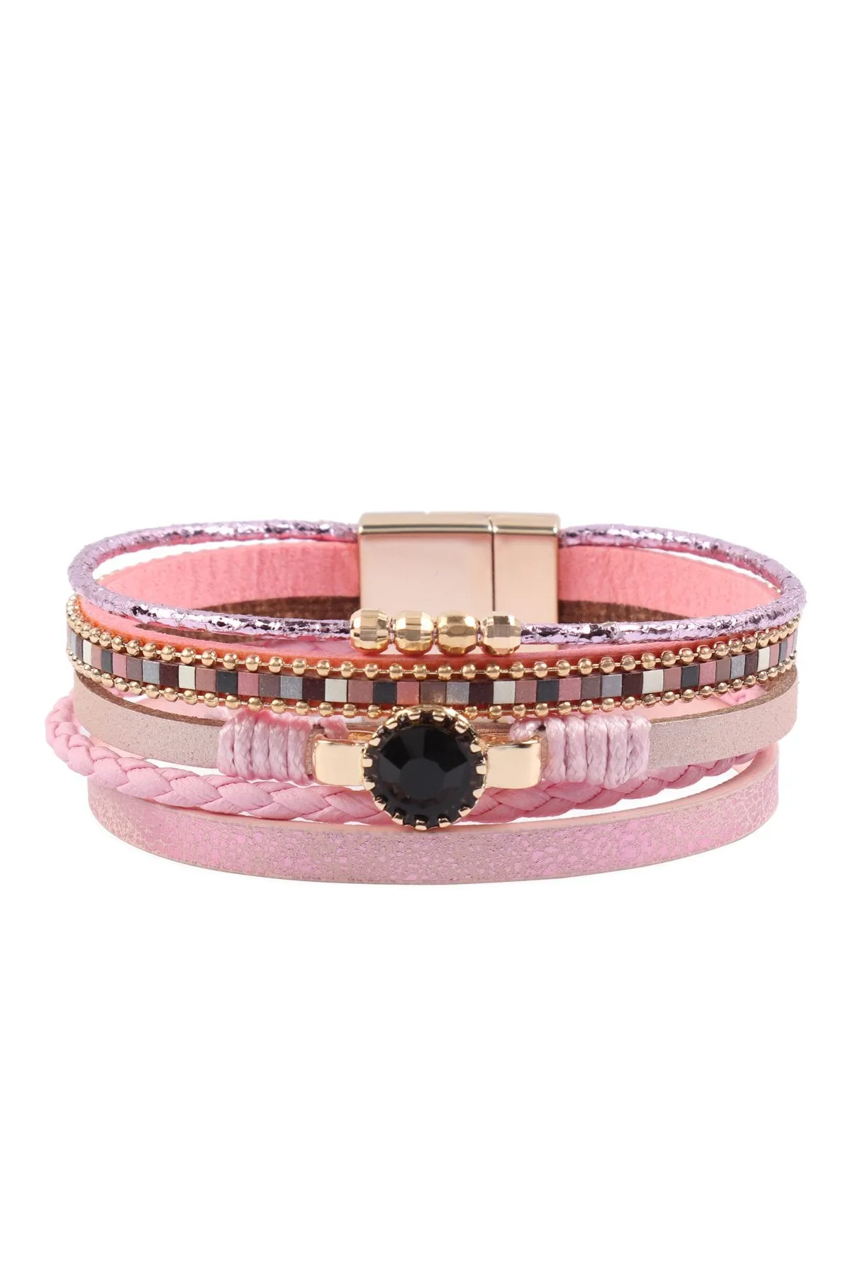 Hdb3157 - Multi Line Leather Charm With Magnetic Lock Bracelet