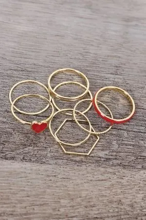 Heart-Shaped Enamel Charm Ring Set