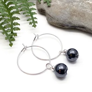 Hematite 8mm Stone Bead Silver Plated Hoops 20mm