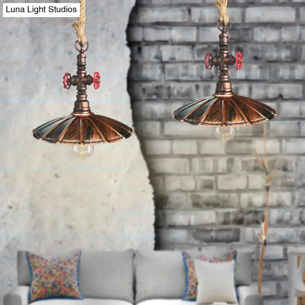 Industrial Rustic Scalloped Pendant Light with Rope Cord