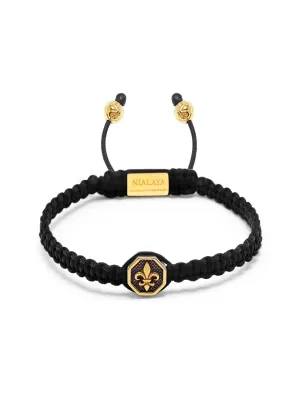 Men's Black String Bracelet with Vintage Gold Fleur De Lis Charm