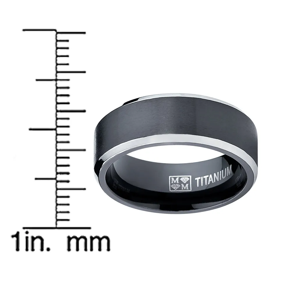 Men's Flat Top Black Two Tone Titanium Wedding Band Engagement Ring, 8mm Sizes 7 to 13