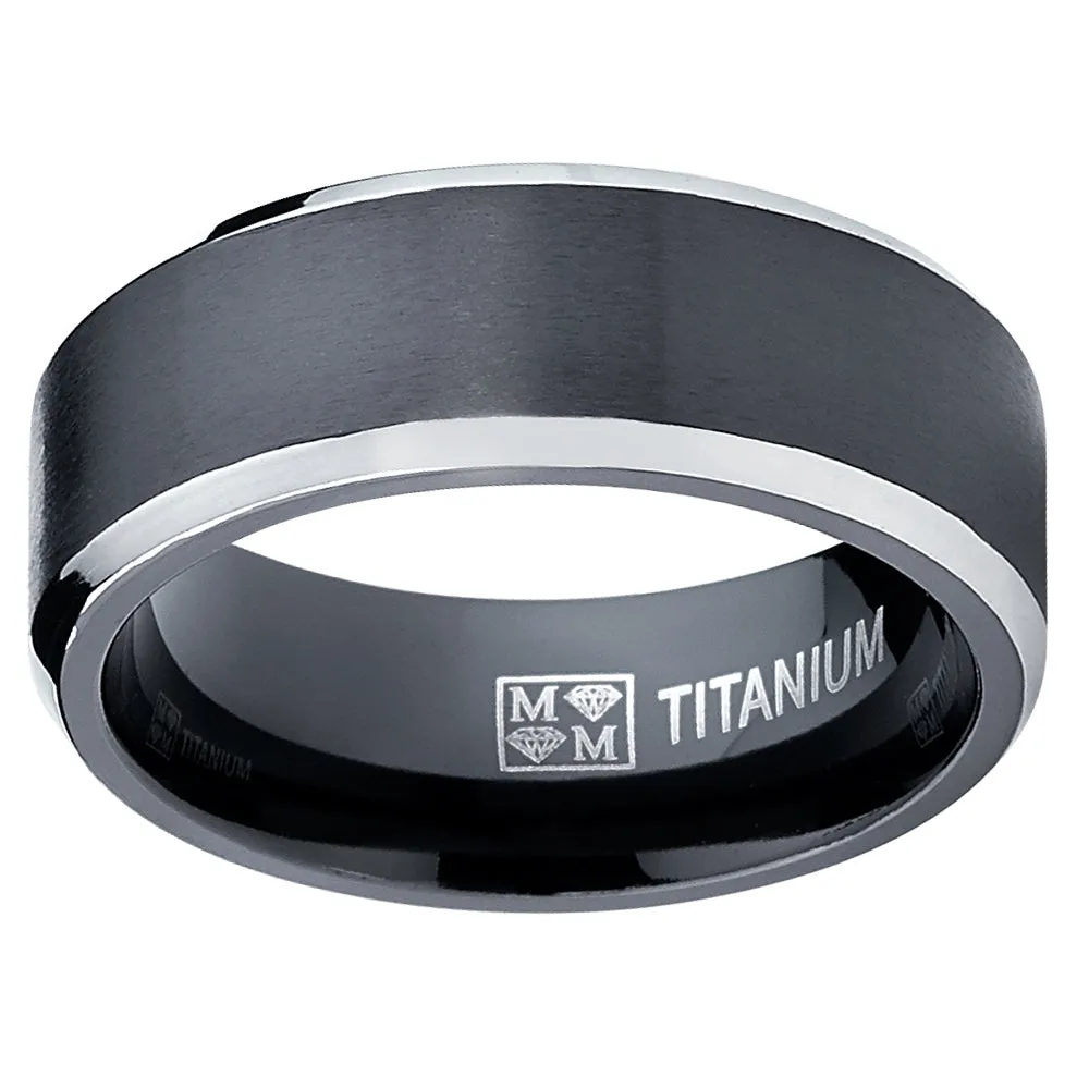 Men's Flat Top Black Two Tone Titanium Wedding Band Engagement Ring, 8mm Sizes 7 to 13