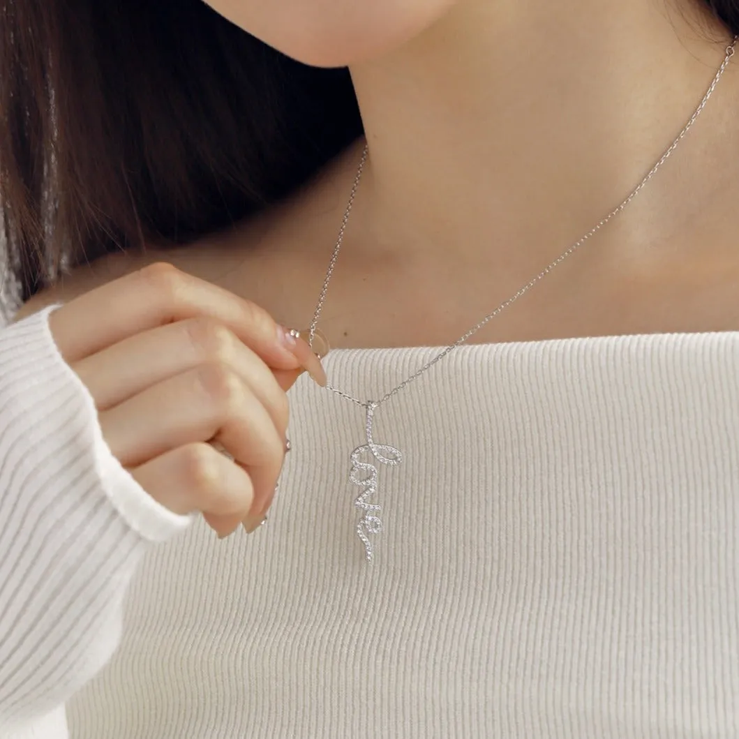 Pave CZ Cursive LOVE Vertical Pendant Necklace