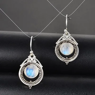 Petite 925 Sterling Silver Natural Rainbow Moonstone Drop Earrings