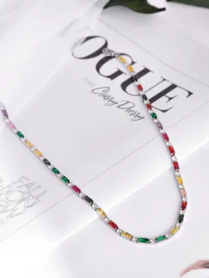 Rubans Voguish Rhodium Plated Stainless Steel Waterproof Multicoloured Zircons Studded Tennis Necklace.