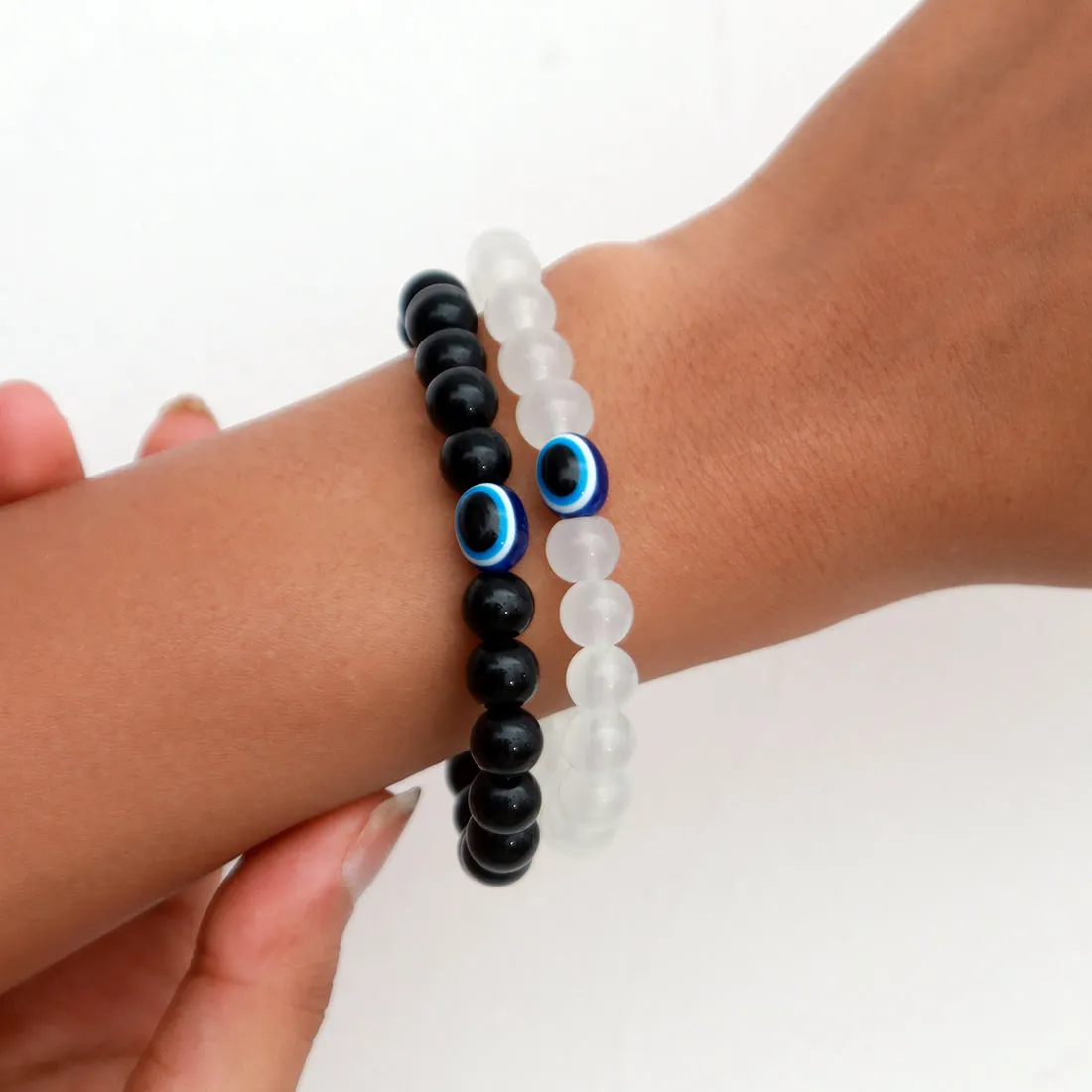 Set of 2 Evil Eye with Black & White Beaded Bracelets