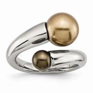 Stainless Steel Champagne & Brown Simulated Pearl Ring