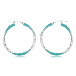 Sterling Silver Aqua Enamel On Twisted Hoop Earrings