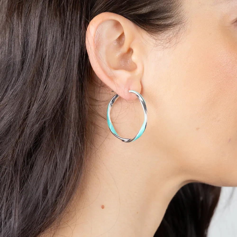 Sterling Silver Aqua Enamel On Twisted Hoop Earrings