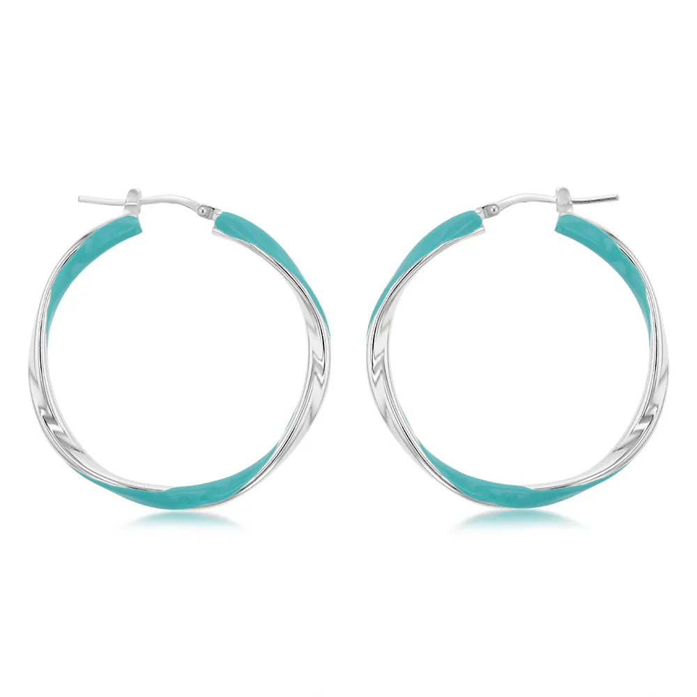 Sterling Silver Aqua Enamel On Twisted Hoop Earrings