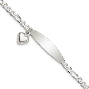 Sterling Silver Polished Figaro ID Heart Dangle 8.5in Bracelet