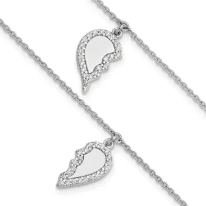 Sterling Silver Rhod-plated CZ Half Heart 7.25in w/1 in ext 2 Bracelet Set