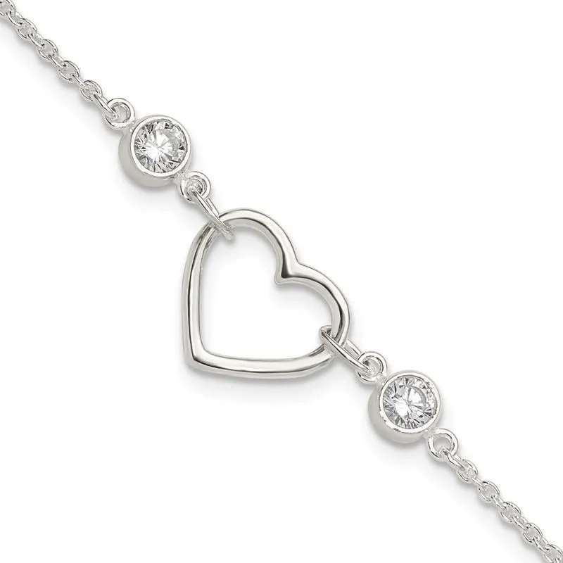 Sterling Silver Rhodium-plated Polished CZ Heart with 1in ext Bracelet