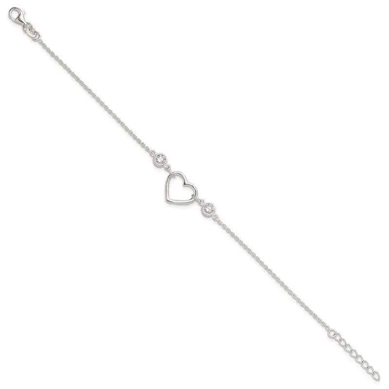 Sterling Silver Rhodium-plated Polished CZ Heart with 1in ext Bracelet