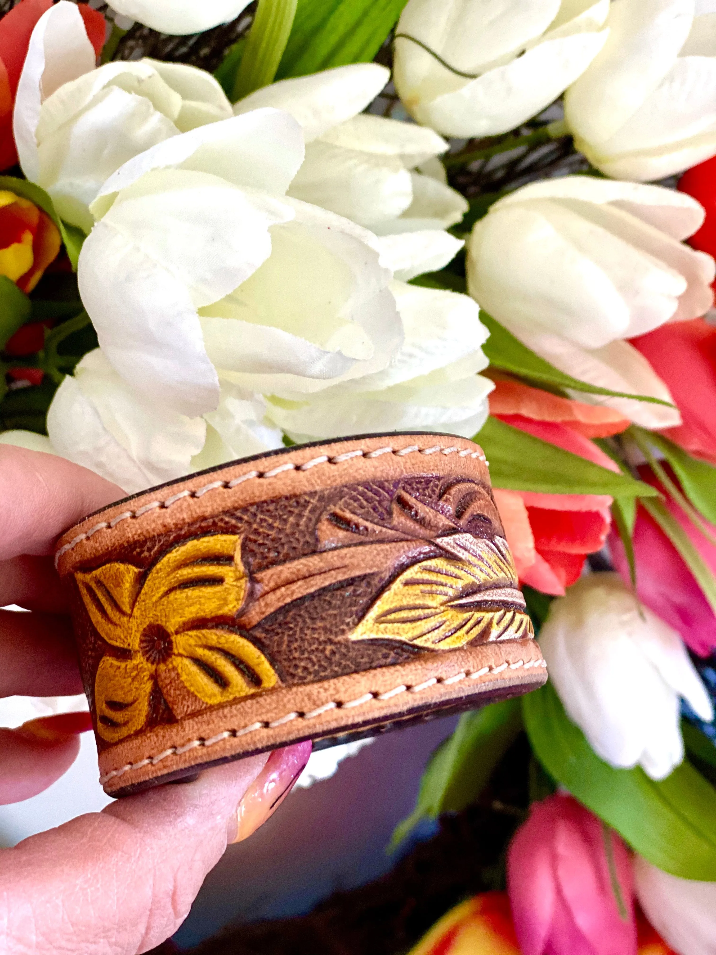 The Tooled Floral Leather Cuff Bracelet