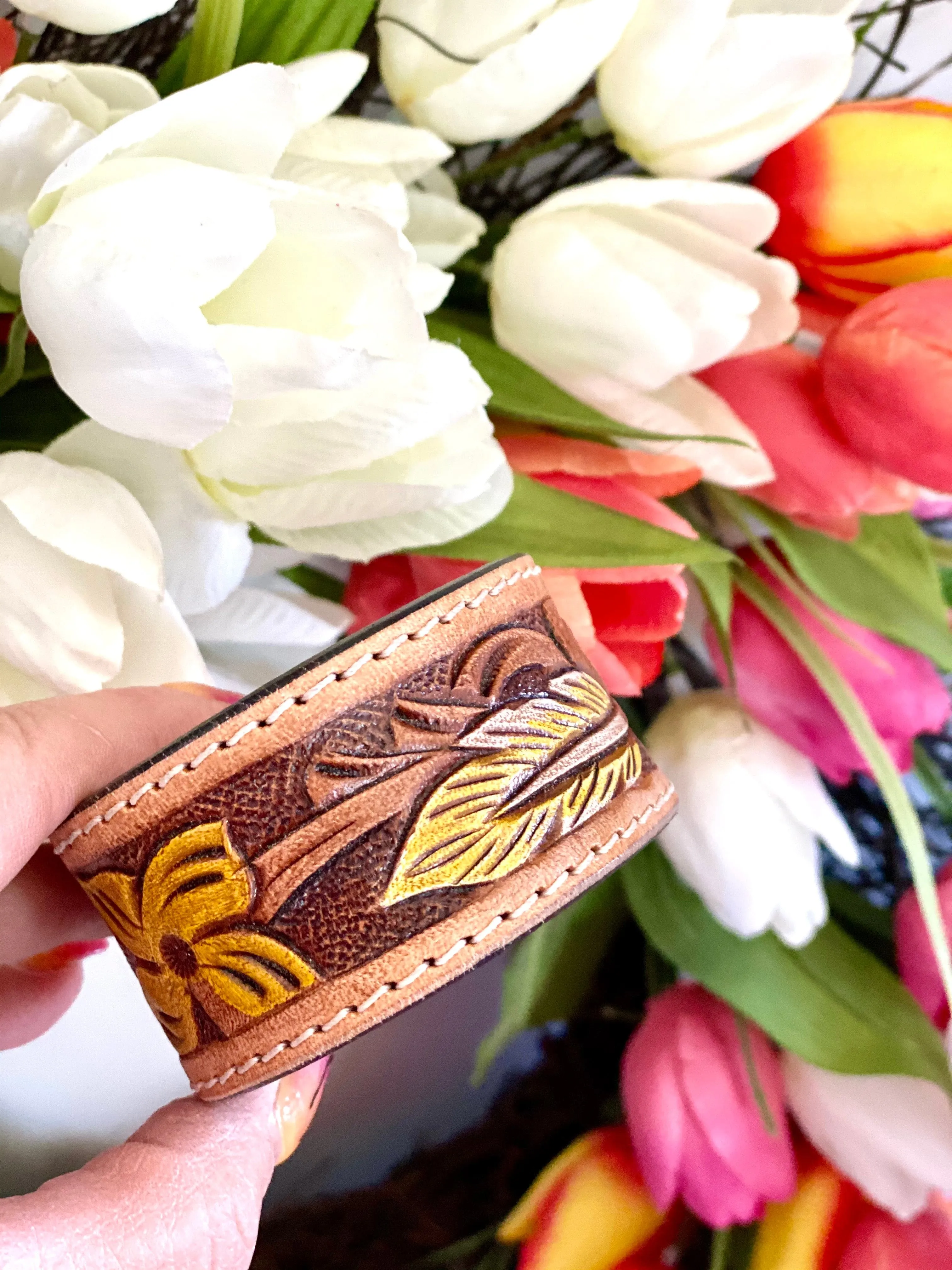 The Tooled Floral Leather Cuff Bracelet