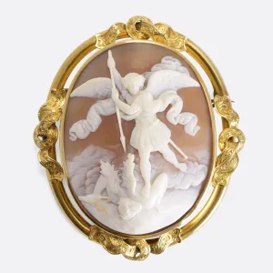 Victorian "St. Michael Vanquishing Satan" Shell Cameo Brooch