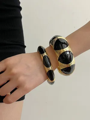 Women's Vintage Black Gold Enamel Open Bracelet