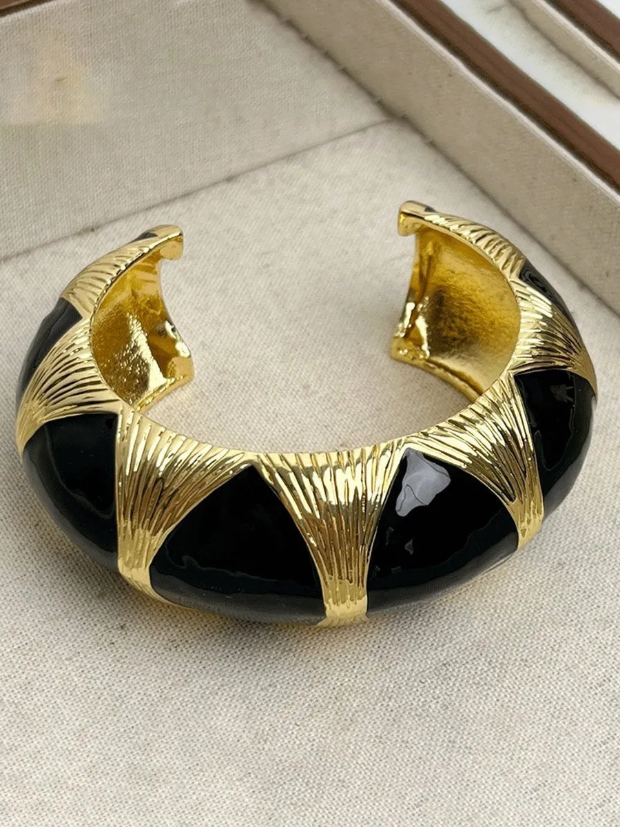 Women's Vintage Black Gold Enamel Open Bracelet