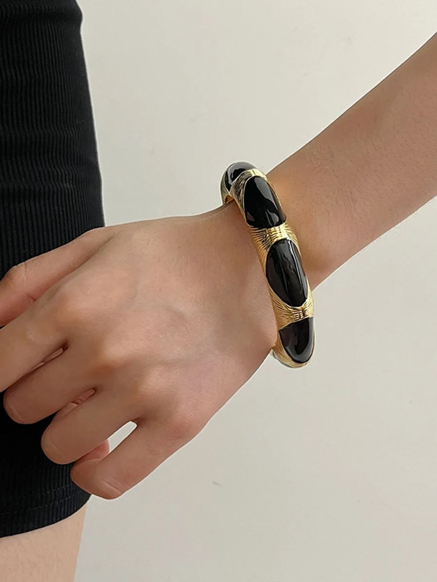 Women's Vintage Black Gold Enamel Open Bracelet